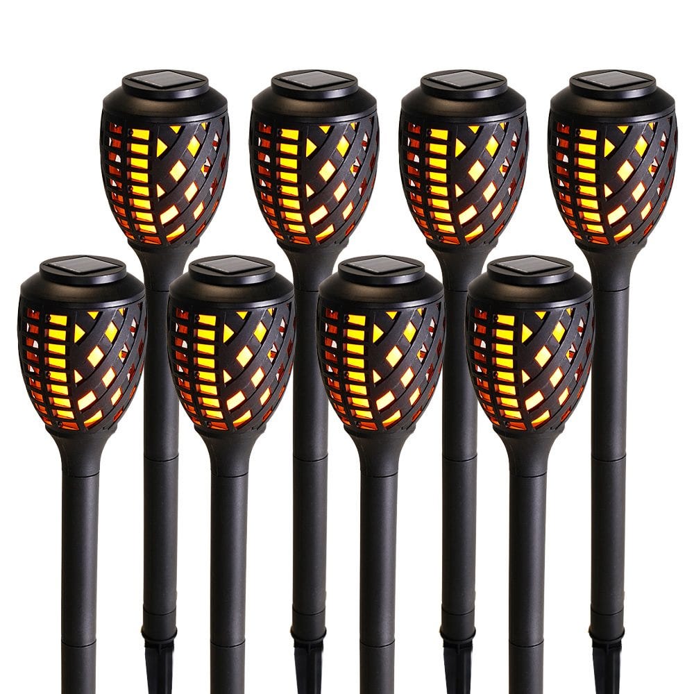 Solar-powered LED garden torches designed to look like flickering flames.