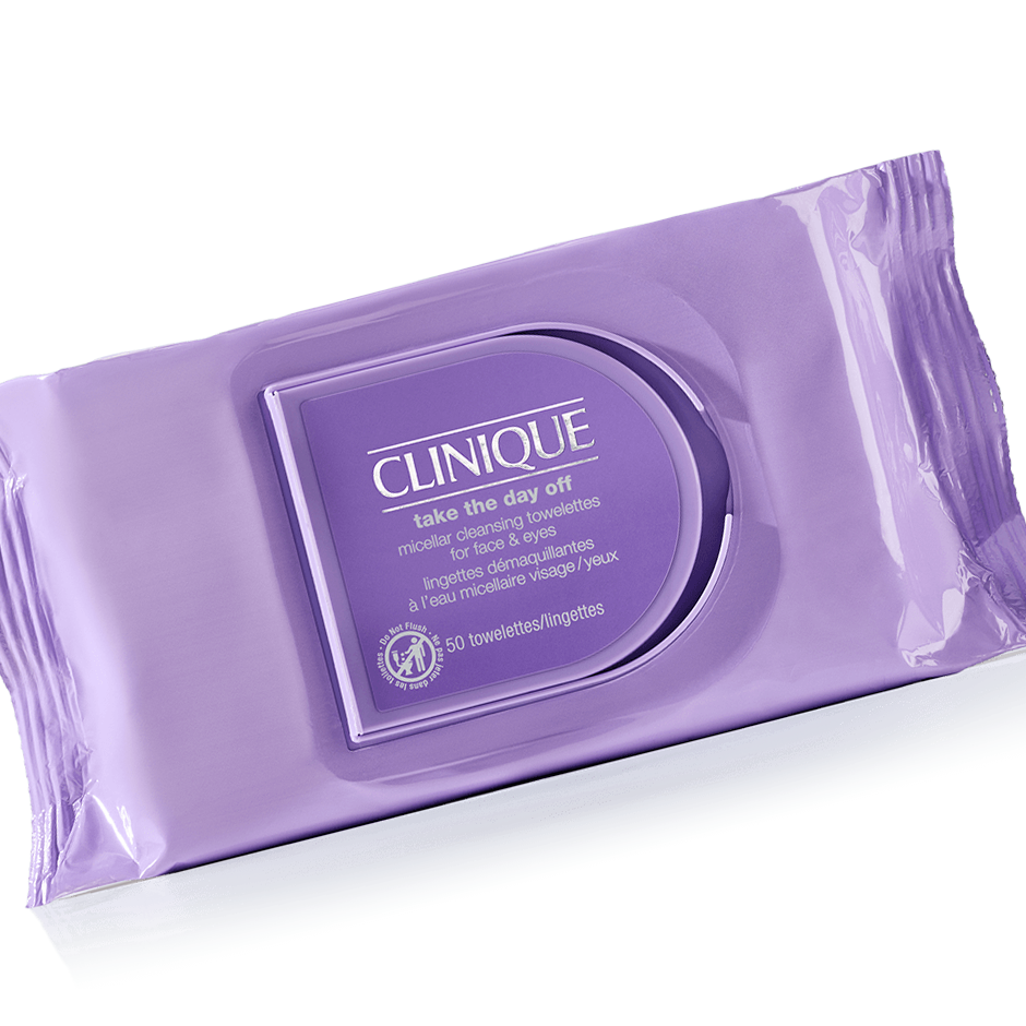 A sealed package of Clinique 'Take the Day Off' makeup remover wipes, containing 50 towelettes, presented in a lavender-colored wrapper.