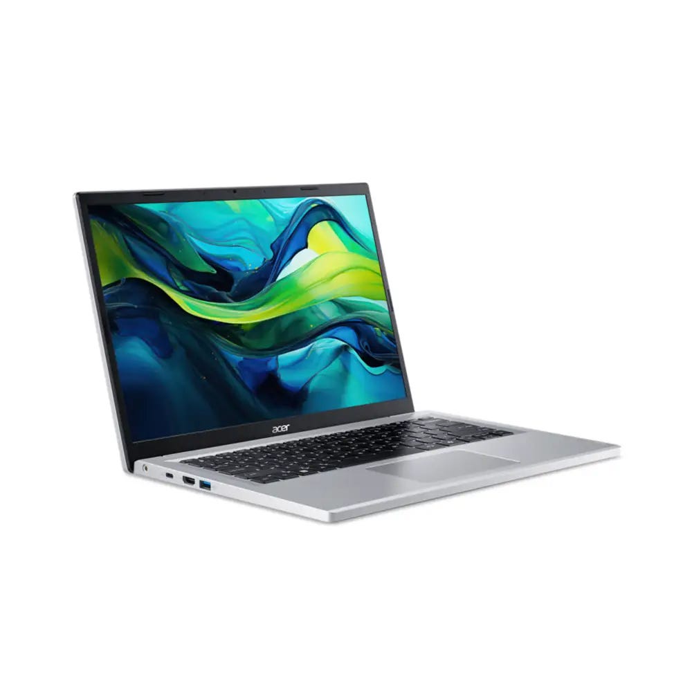 A silver Acer laptop with a colorful screen displaying an abstract design, viewed at an angle.