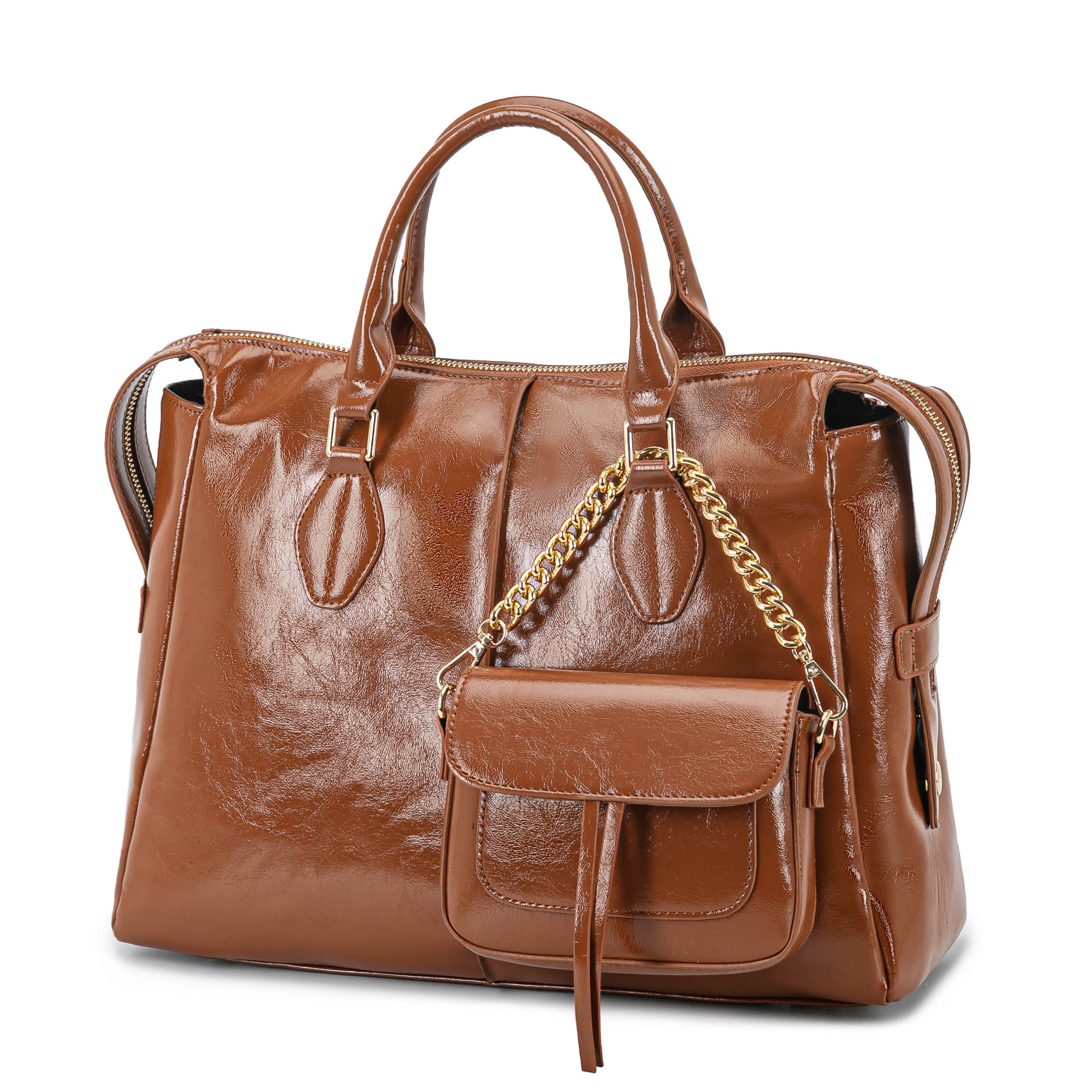 The 2pc MKF Tote Set includes a large, glossy brown tote with top handles and a smaller matching pouch attached by a gold chain.