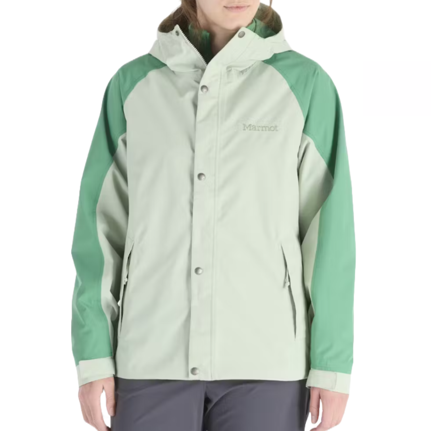Mint and green two-tone rain jacket with a hood, featuring front snap buttons, zippers, and side pockets.