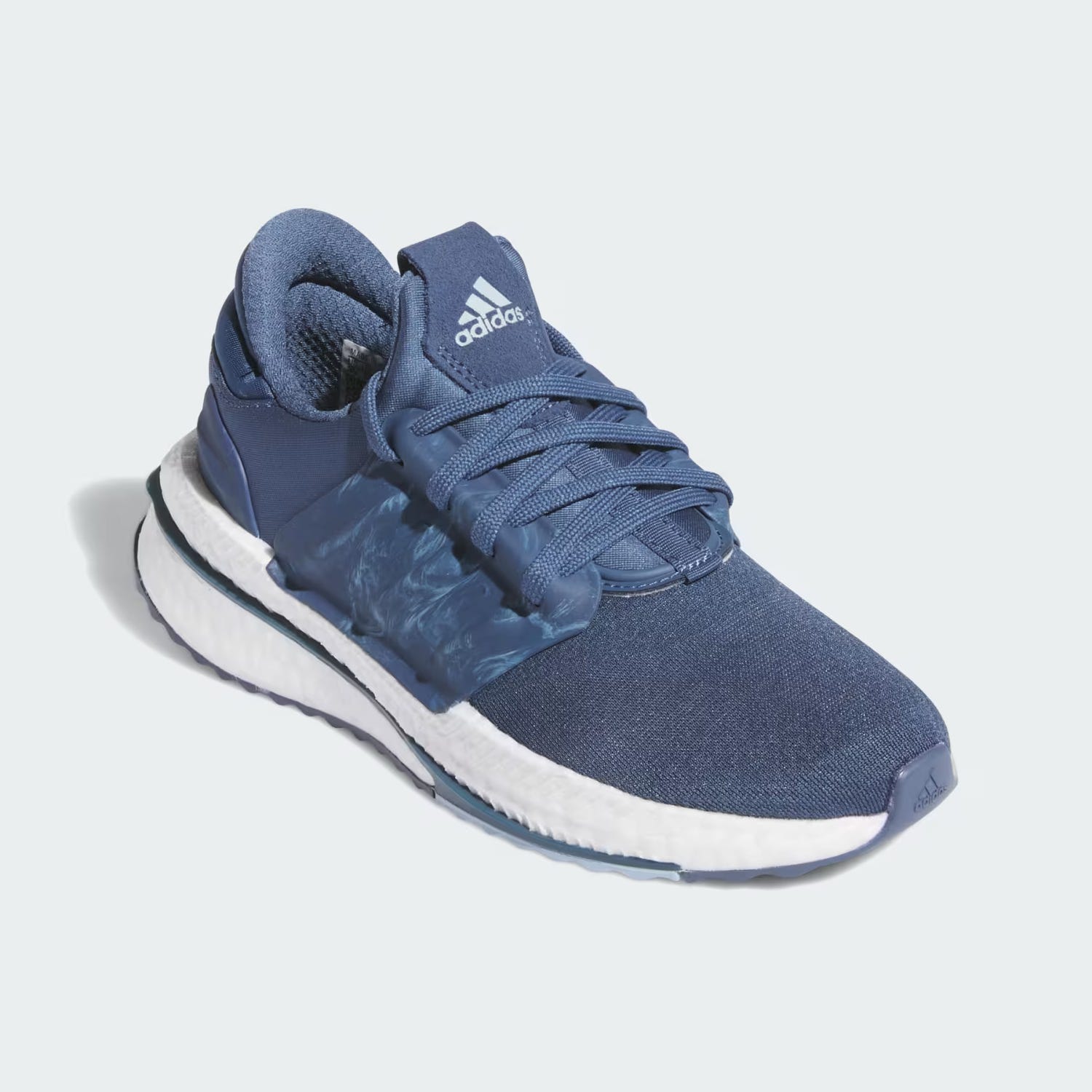 A single blue Adidas sneaker with white soles and distinctive cushioning.