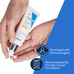 A hand is squeezing a small amount of CeraVe Ultra-Light Moisturizing Lotion SPF 30 from a tube onto a finger, with text highlighting its dermatologist-developed formula and Skin Cancer Foundation recommendation.