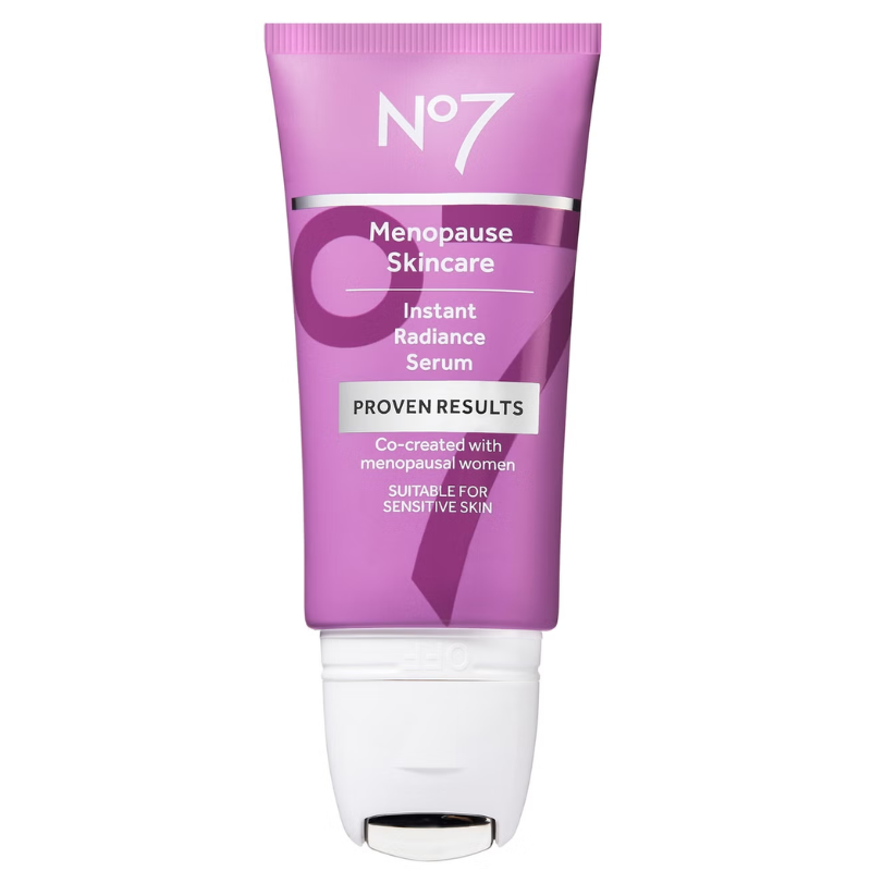 No7 Menopause Skincare Instant Radiance Serum is suitable for sensitive skin, co-created with menopausal women, promising proven results. Housed in a purple tube with a white cap.