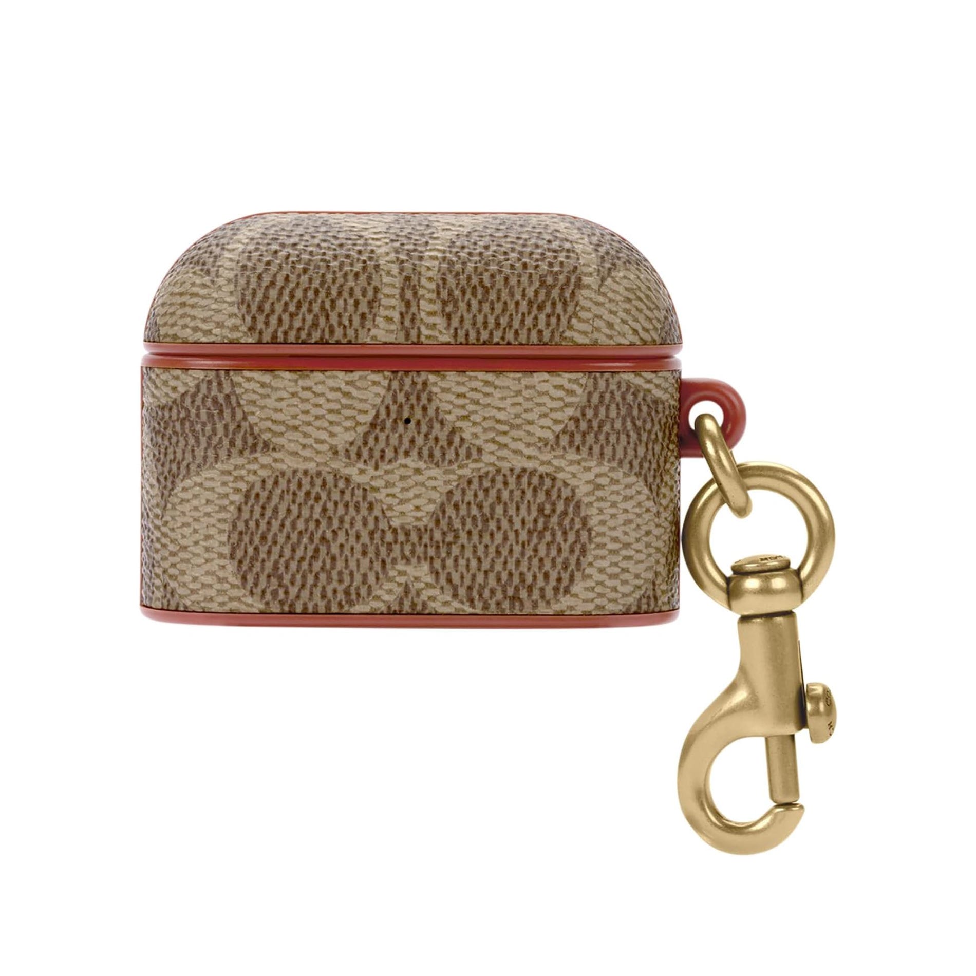 Coach Signature AirPods Case with a brown and beige monogram pattern, red trim, and a gold swivel clip for easy attachment.