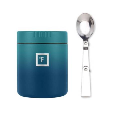 A teal insulated food container and a stainless-steel spoon.