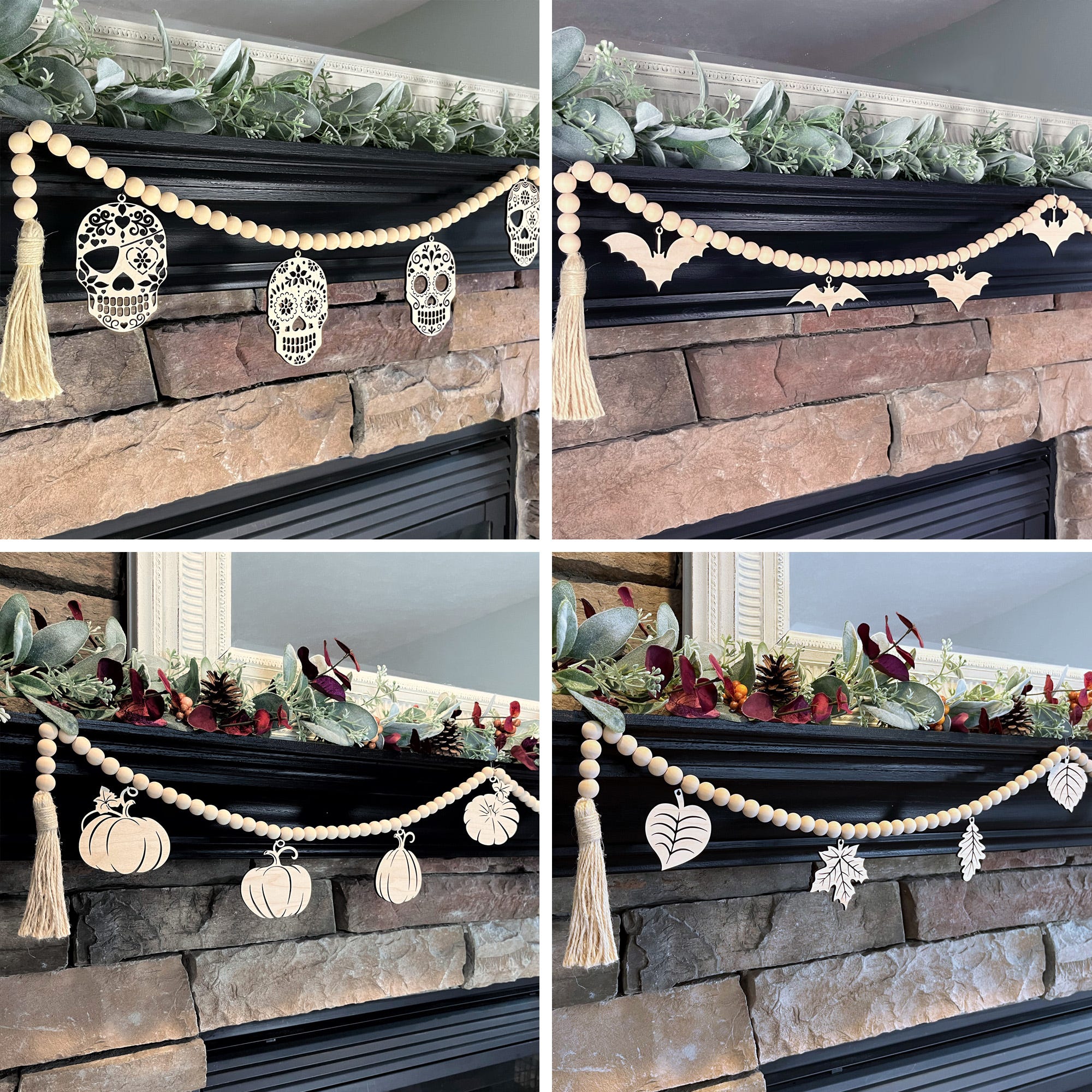 Four decorative garlands for different seasons hung on a mantel, featuring designs of skulls, bats, pumpkins, and foliage.
