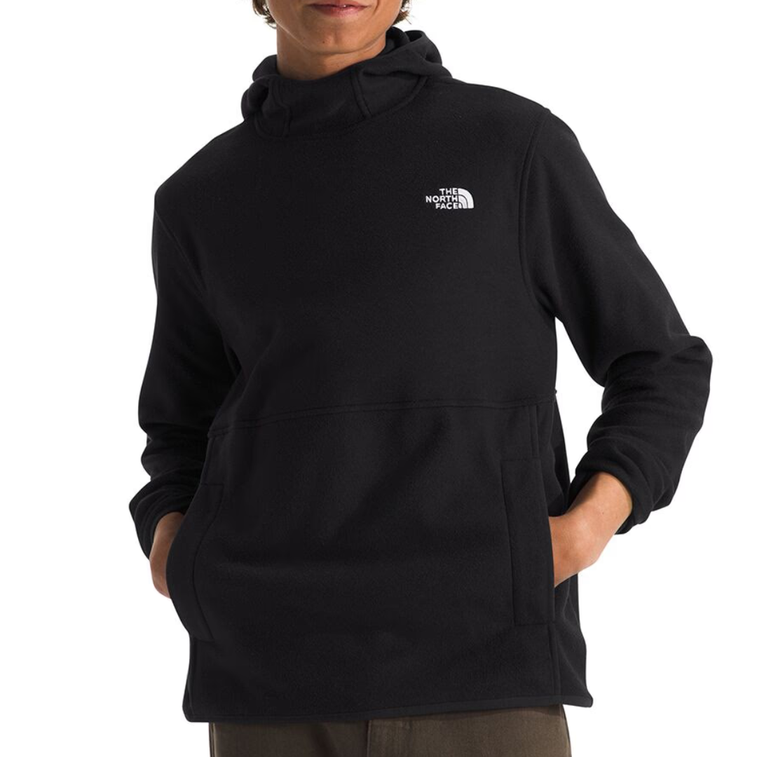 Black The North Face Glacier Jacket with a hood, featuring a small white logo on the left chest, long sleeves, and a front kangaroo pocket.