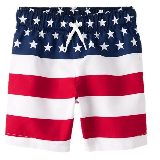 Swim trunks featuring an American flag design with white stars on a blue background, and horizontal red and white stripes.