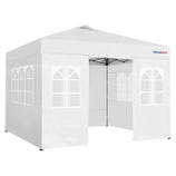 A white pop-up canopy tent with side panels featuring arched windows, designed for outdoor events.