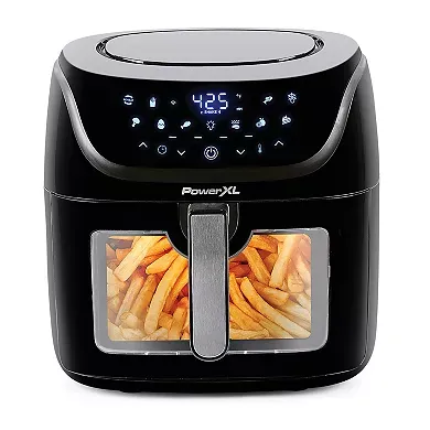 A PowerXL Vortex Air Fryer with a digital display showing the temperature, a black exterior, and a clear window through which French fries can be seen.