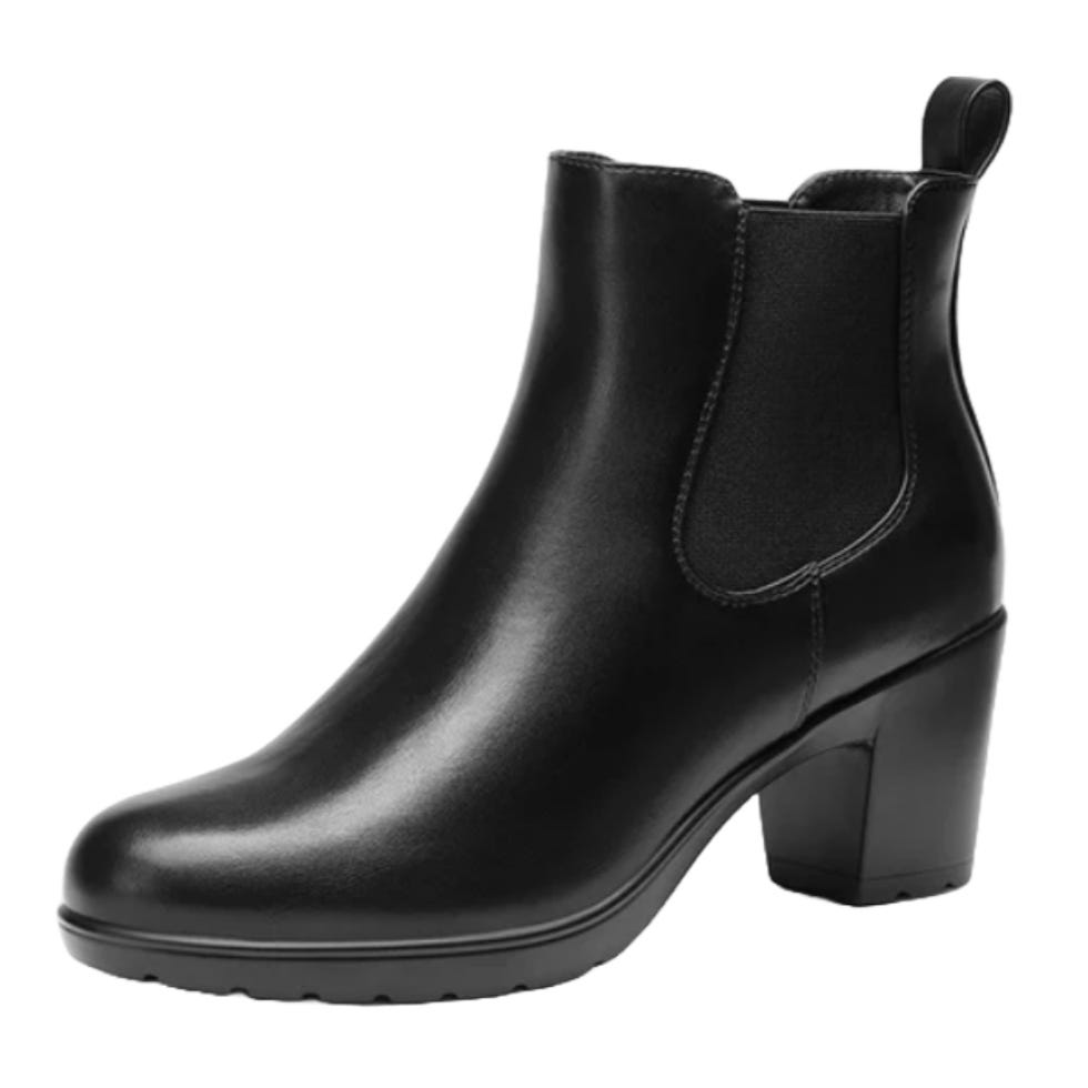 Black leather ankle boot with a chunky heel and elastic side panels.