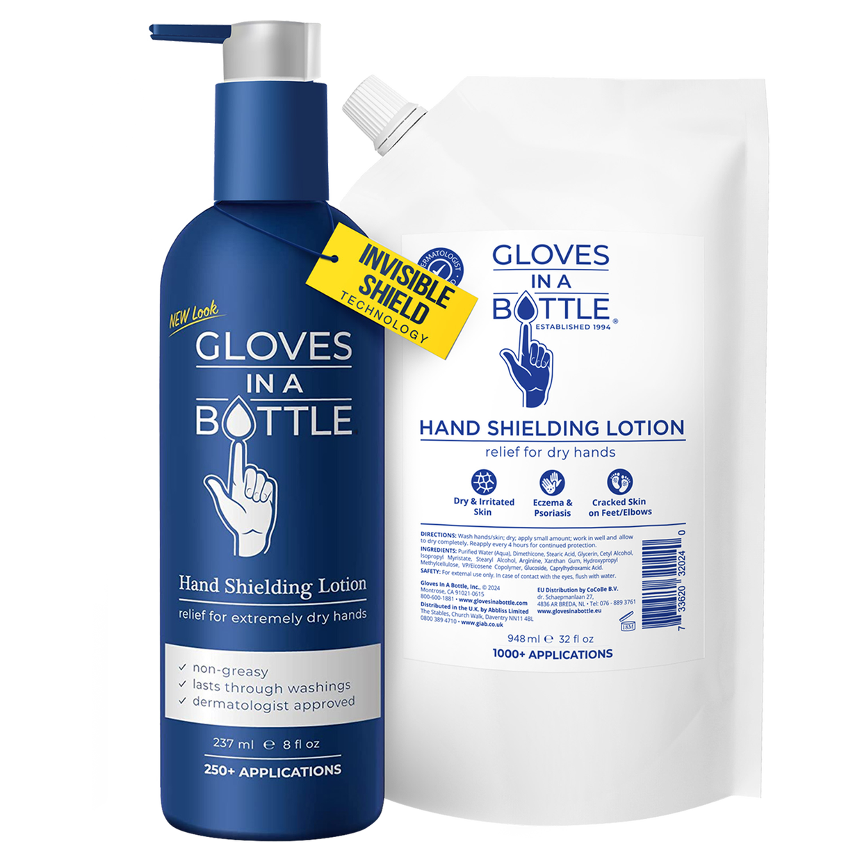 Two bottles of Gloves in a Bottle hand shielding lotion are displayed; one is an 8-ounce blue bottle and the other is a 32-ounce white refill bottle, both marked for relief of dry hands.