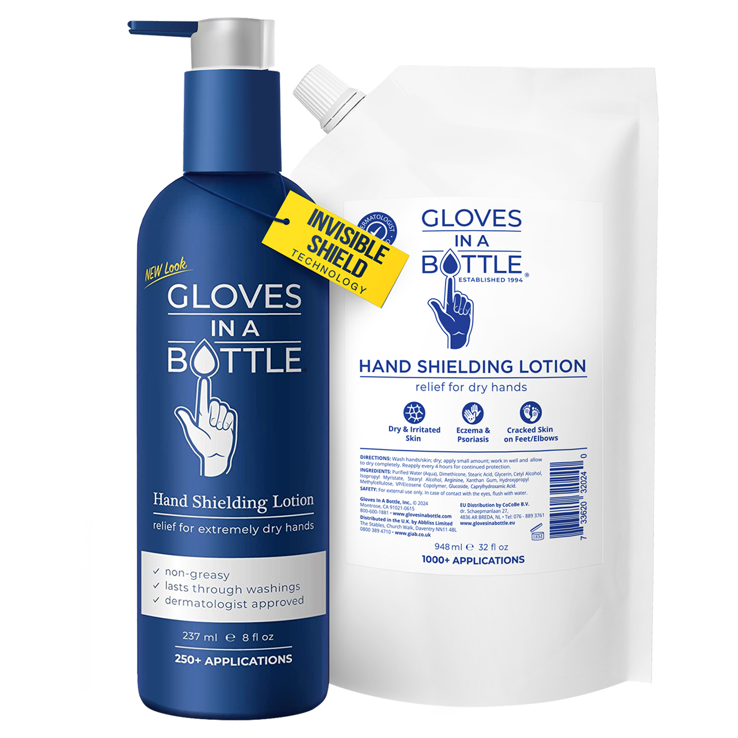 Two bottles of Gloves in a Bottle hand shielding lotion are displayed; one is an 8-ounce blue bottle and the other is a 32-ounce white refill bottle, both marked for relief of dry hands.