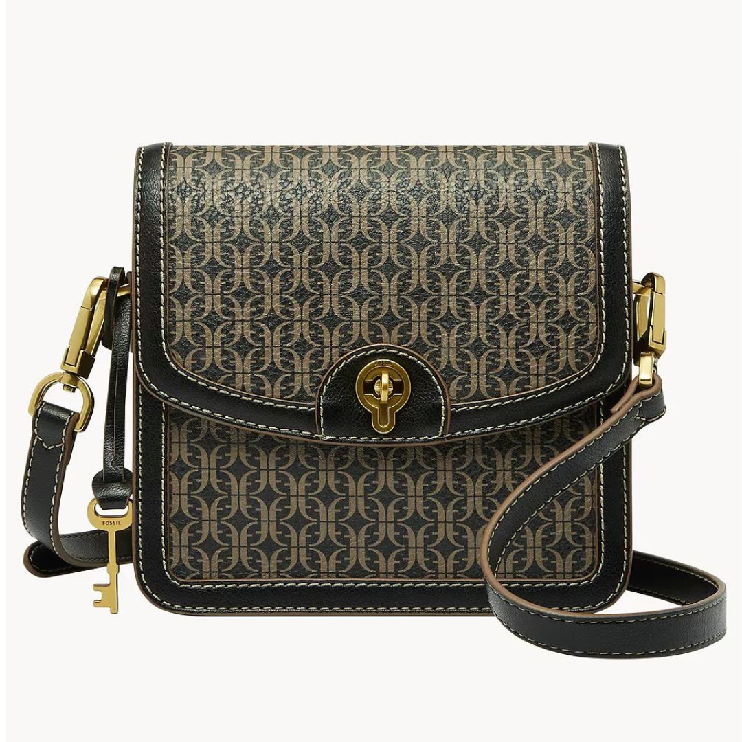 Black and brown patterned crossbody bag with a front clasp and adjustable strap.