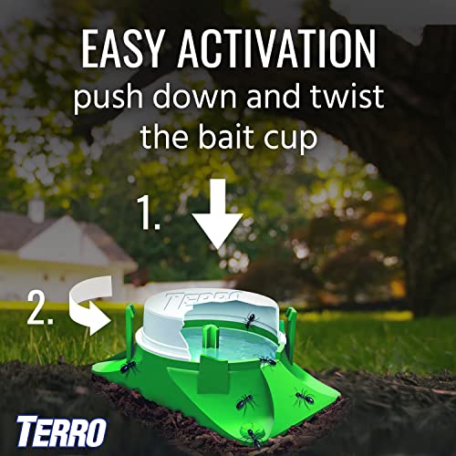 Green outdoor ant bait station with a twisting mechanism for easy activation, illustrated with ants crawling towards it against a grassy background.