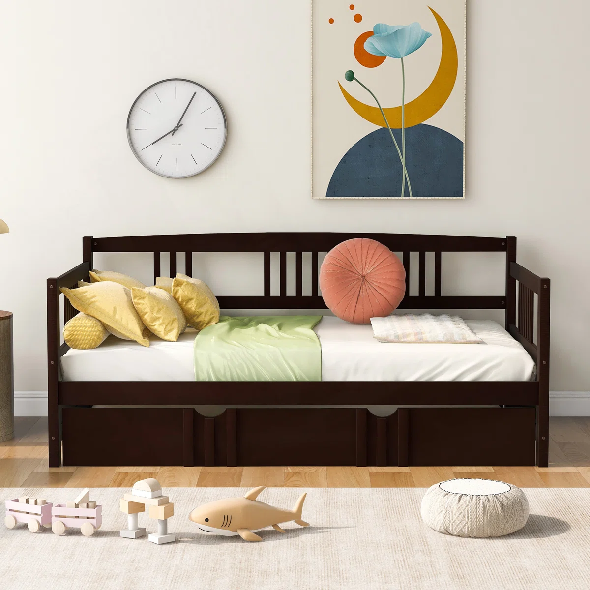 Check out this collection of daybeds and trundle beds and get up to 75% off at Wayfair.com. The pictured Red Barrel Studio Safak Trundle originally sold for $820, but is now available for $204.99 in the pictured Espresso color. I really like the elegant color of this bed and the fact that it's made from solid pine wood. The pull-out trundle adds a second sleeping surface without taking up extra floor space, which makes it ideal for kids' rooms or overnight guests. Some of the most modern styles even have built-in phone chargers and lights. Please note that many of these beds do not include the mattress. Shipping is also free on orders over $35. Otherwise it adds $4.99.