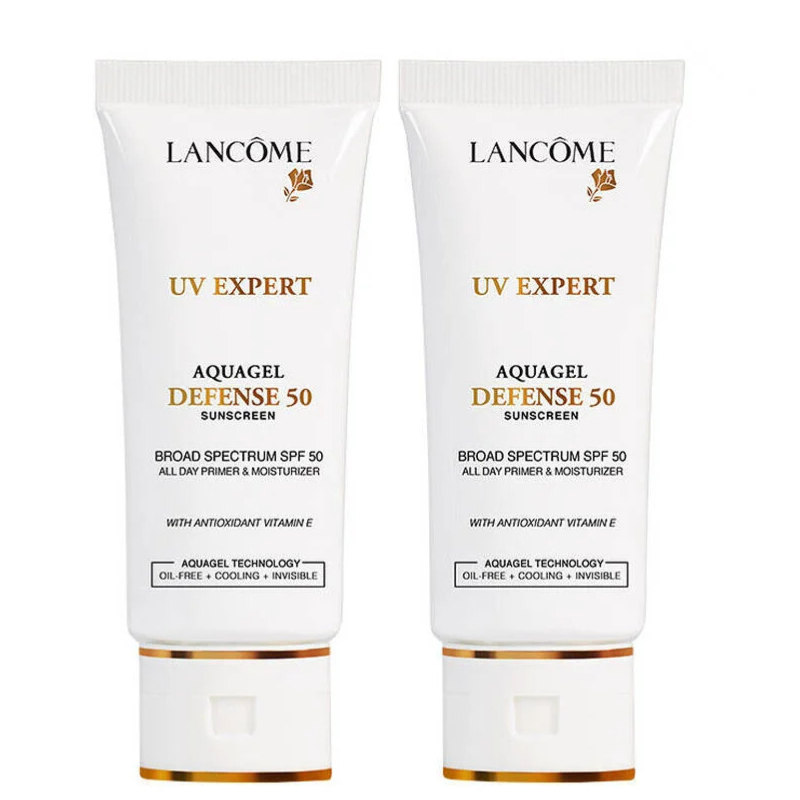 Lancôme UV Expert AquaGel Defense 50 Sunscreen, a 2-piece set, offers broad-spectrum SPF 50 protection. It serves as an all-day primer and moisturizer, featuring oil-free, cooling, and invisible qualities with antioxidant vitamin E.