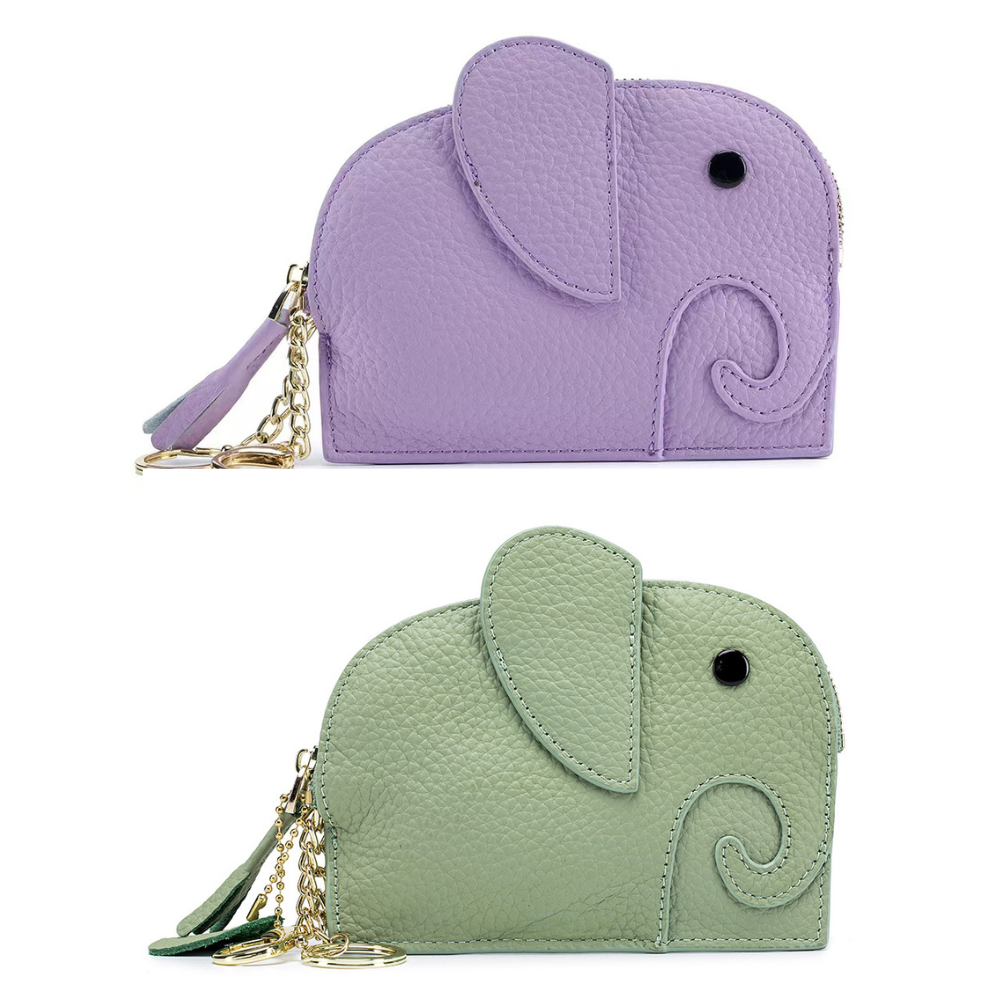 Two elephant-shaped coin purses, one lavender and one pale green, with chain straps.