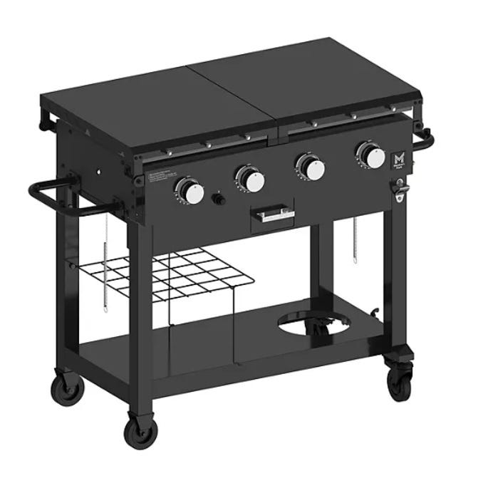 Member's Mark 4-Burner Gas Griddle features a large flat cooking surface, four control knobs, a lower shelf with a wire rack, a handle on each side, and swivel casters for mobility, designed for outdoor cooking.