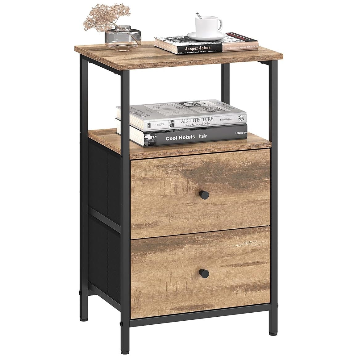 A wooden and metal nightstand with two drawers, an open shelf, and a top surface. It holds books, a cup, and a vase, blending rustic and modern styles.
