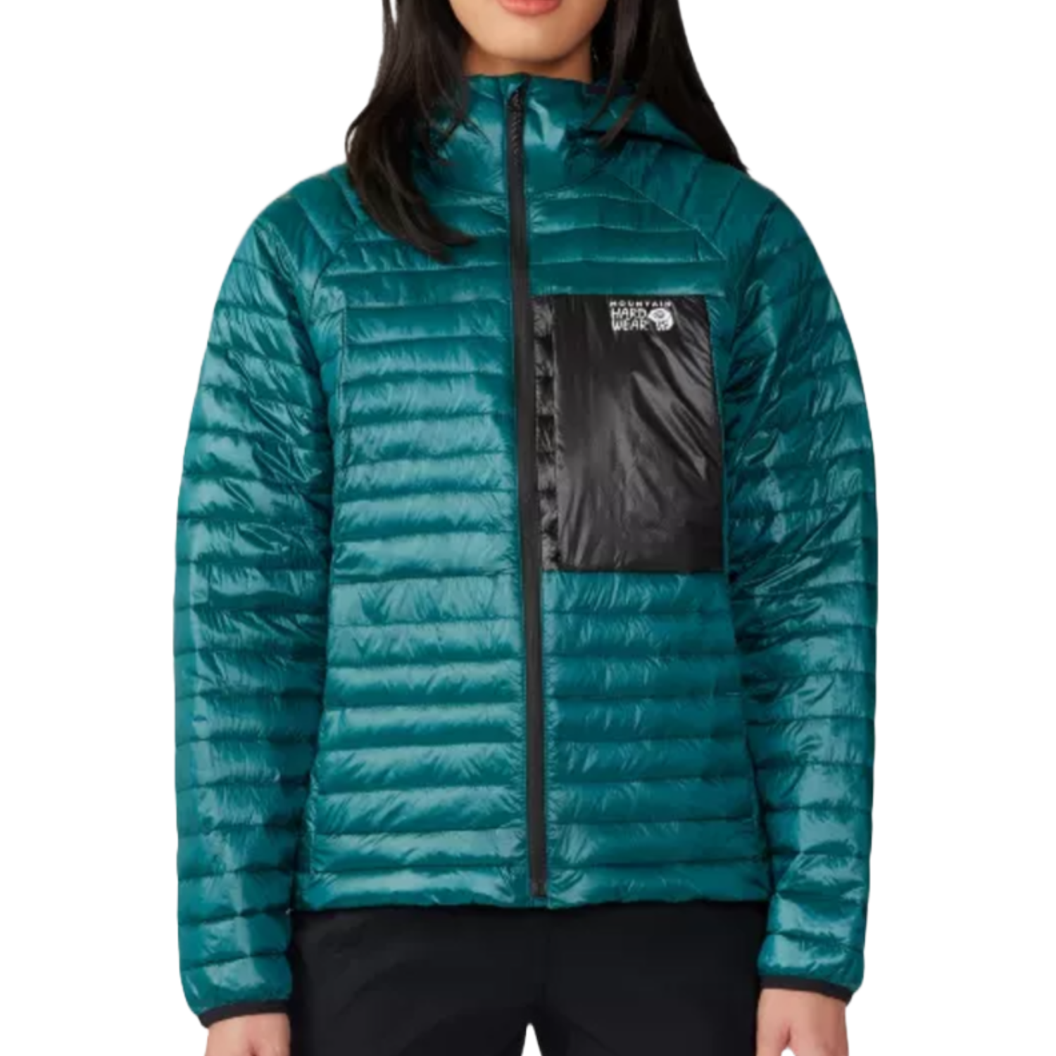 The Mountain Hardwear Ventano Hoody is a teal quilted jacket with a full front zipper and a contrasting black chest pocket. It features a lightweight, insulated design ideal for outdoor activities.