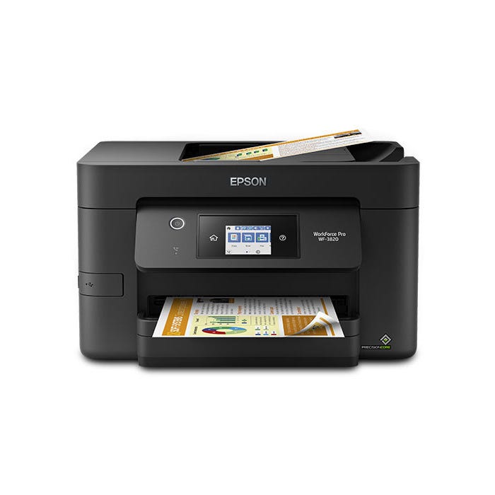 Refurbished Epson Workforce Pro WF-3820 is a wireless all-in-one printer featuring a touchscreen display, capable of printing, scanning, copying, and faxing, with PrecisionCore technology for quality output.