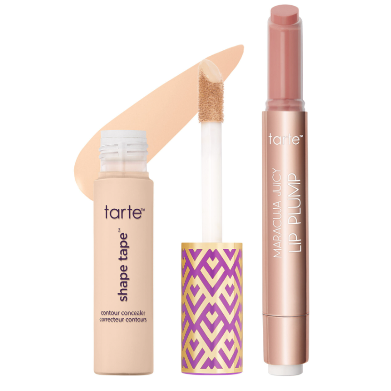 Tarte Cosmetics 3pc set includes a Shape Tape contour concealer with an applicator wand and a Maracuja Juicy Lip Plump. The concealer is in a light peach shade with purple and gold packaging, while the lip product has a sleek pink tube design.