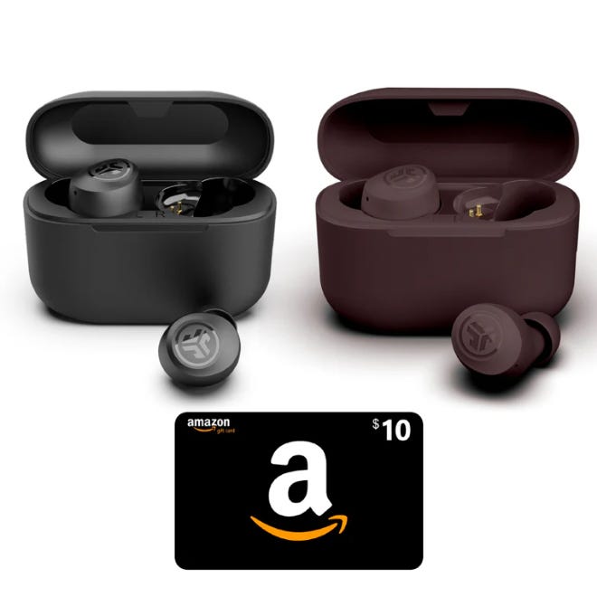 Two pairs of JLab earbuds are displayed, one in black and the other in brown, each set accompanied by its matching charging case, alongside a $10 Amazon gift card.