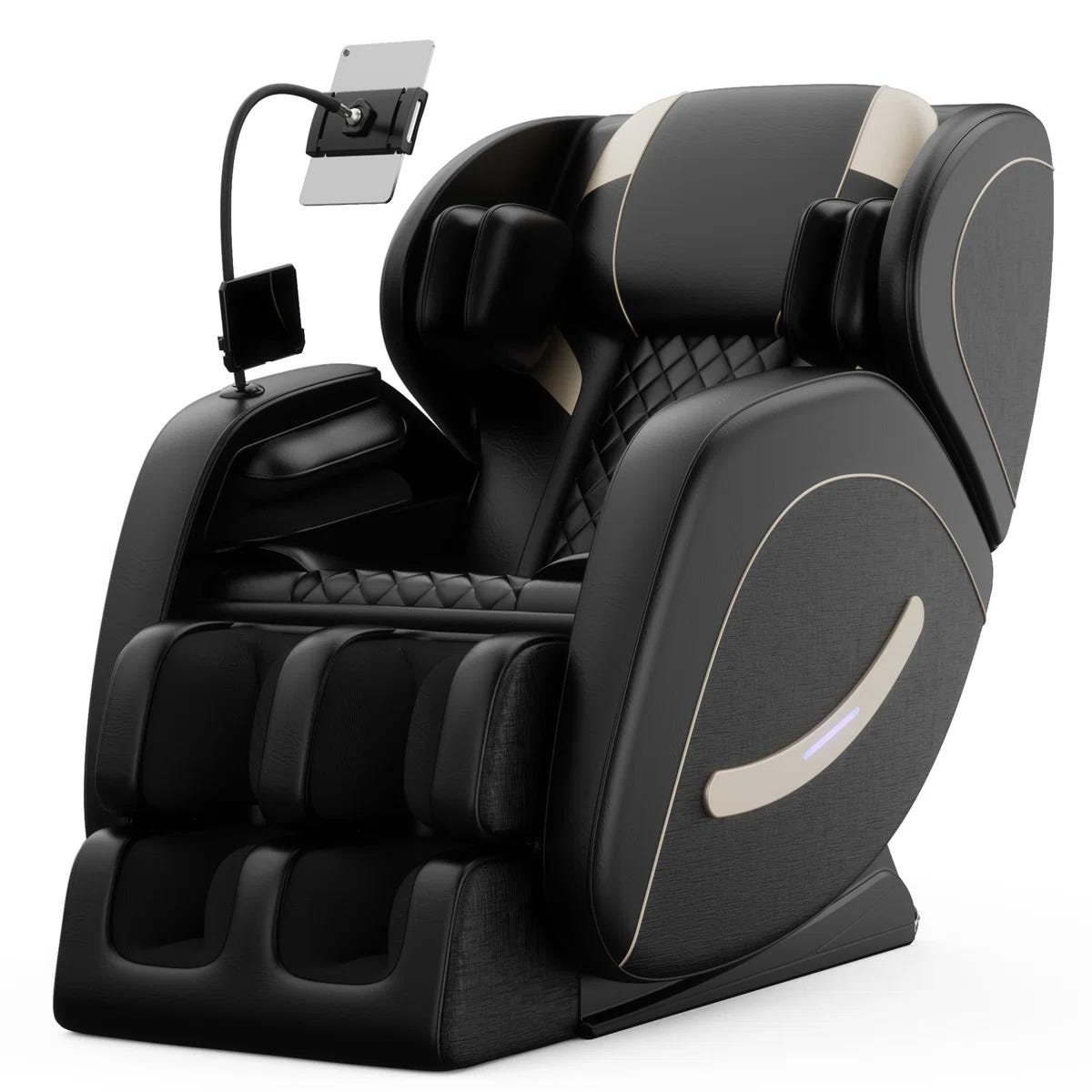 A black massage chair with a quilted design, featuring multiple cushions, a built-in tablet holder, and modern rounded edges.