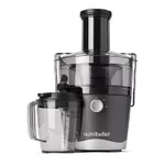 A NutriBullet Juicer in black and transparent plastic, with a juice catcher on its side and a simple on/off control dial.