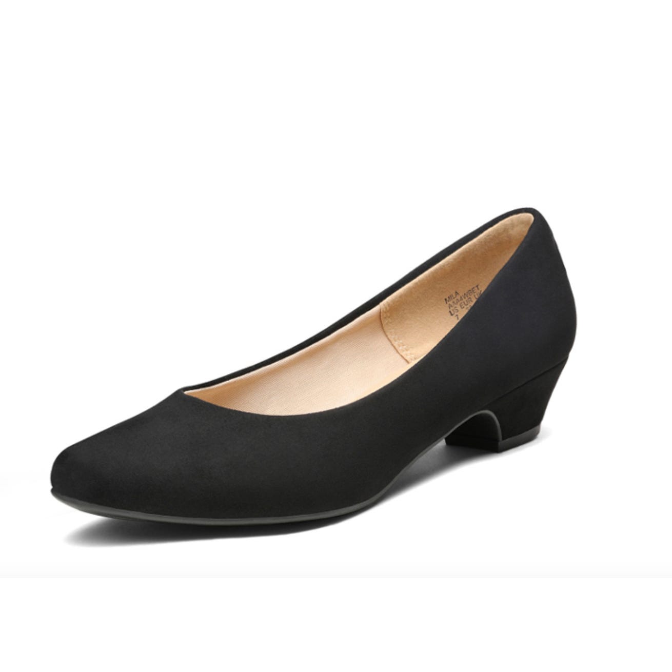 A black wedge-heeled pump with a rounded toe and a low heel.