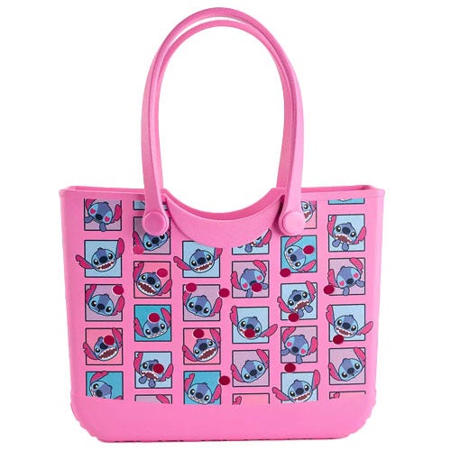 Pink waterproof tote bag featuring a grid of cartoon characters. The characters have a playful expression and blue and purple tones.