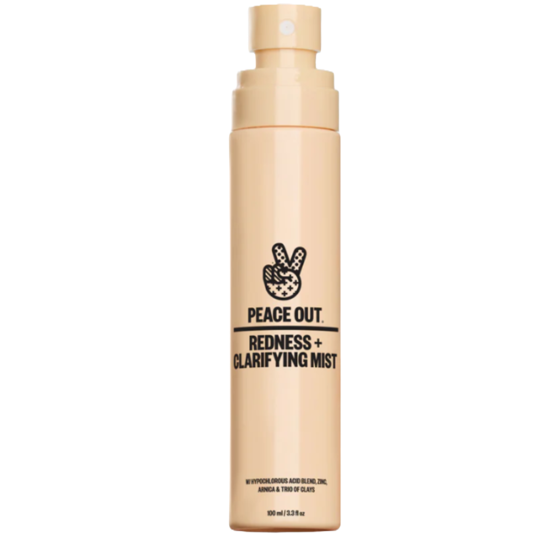 Peace Out Skincare Redness + Clarifying Mist is a 100ml facial spray designed to reduce redness and clarify the skin, formulated with hypochlorous acid blend, zinc, arnica, and a trio of clays.