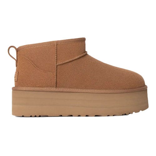 Brown platform ankle boot with a suede finish, featuring a pull tab and flat sole.