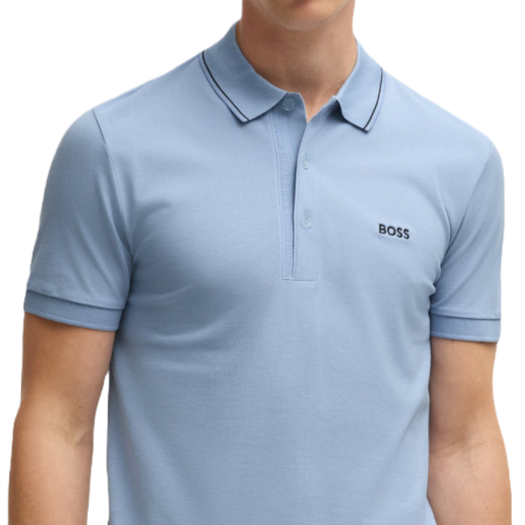 Light blue BOSS logo polo shirt with short sleeves and a classic collar featuring fine black piping.
