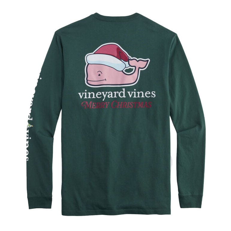 A long-sleeve green t-shirt with a cartoon whale wearing a Santa hat and the text \“vineyard vines Merry Christmas.\“