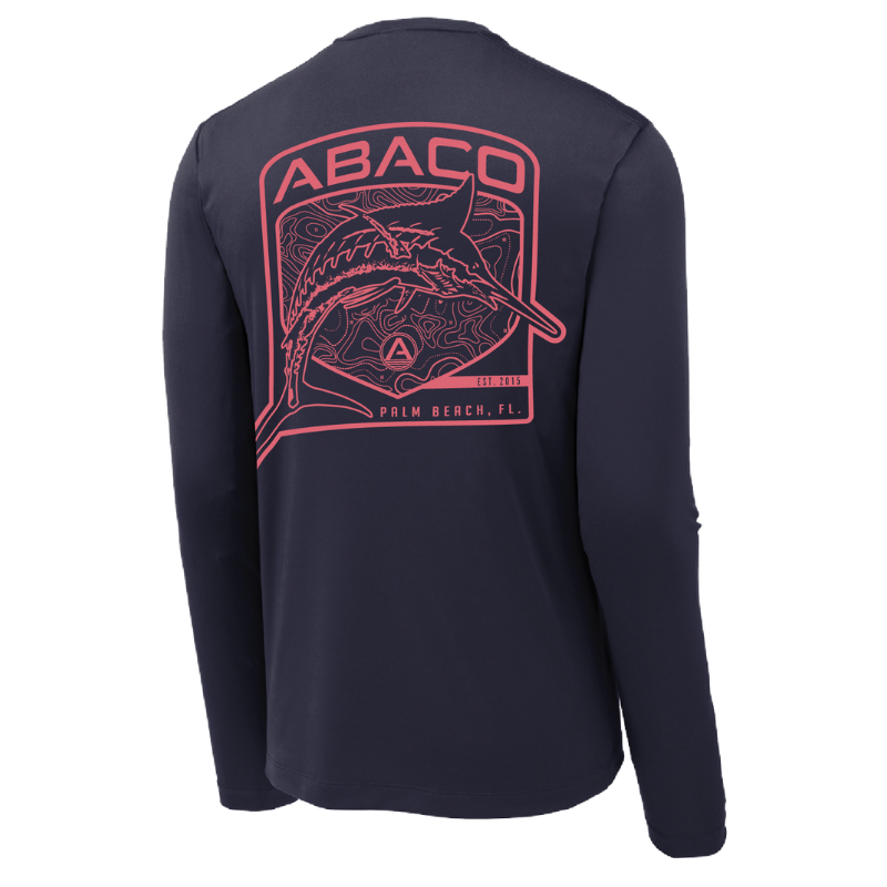 The TopoSail UV Shirt is a navy long-sleeve with a red graphic on the back featuring a stylized fish, the word \“ABACO,\“ and \“Palm Beach, FL.\“ It also includes \“Est. 2015\“ and a topographical map-like pattern.