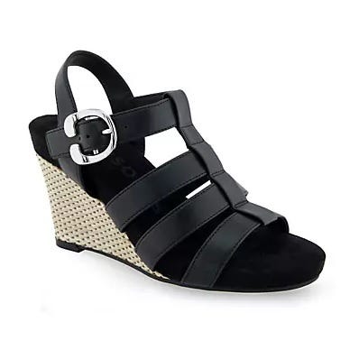 Black wedge sandal with strappy upper and espadrille heel.