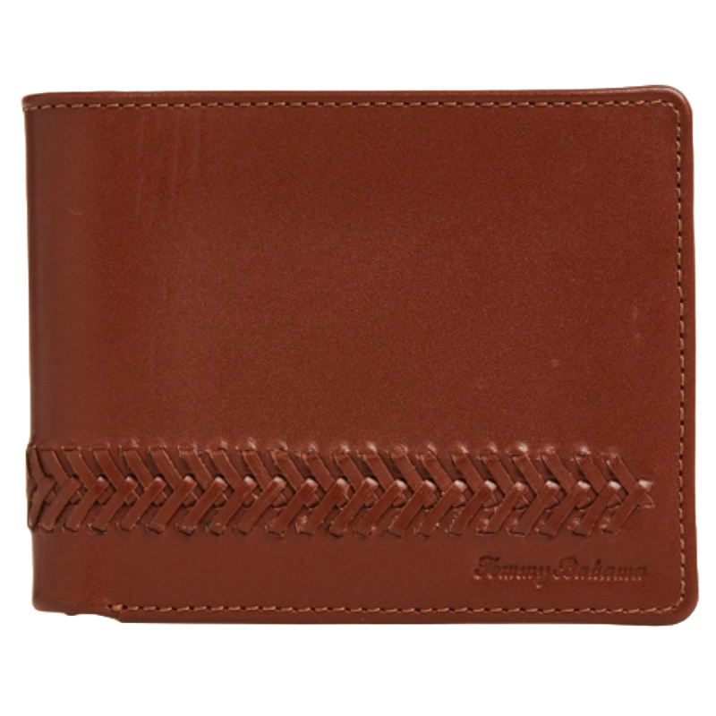 Brown leather bifold wallet with decorative weaving along the bottom edge and neat stitching, featuring embossed branding in the lower right corner.