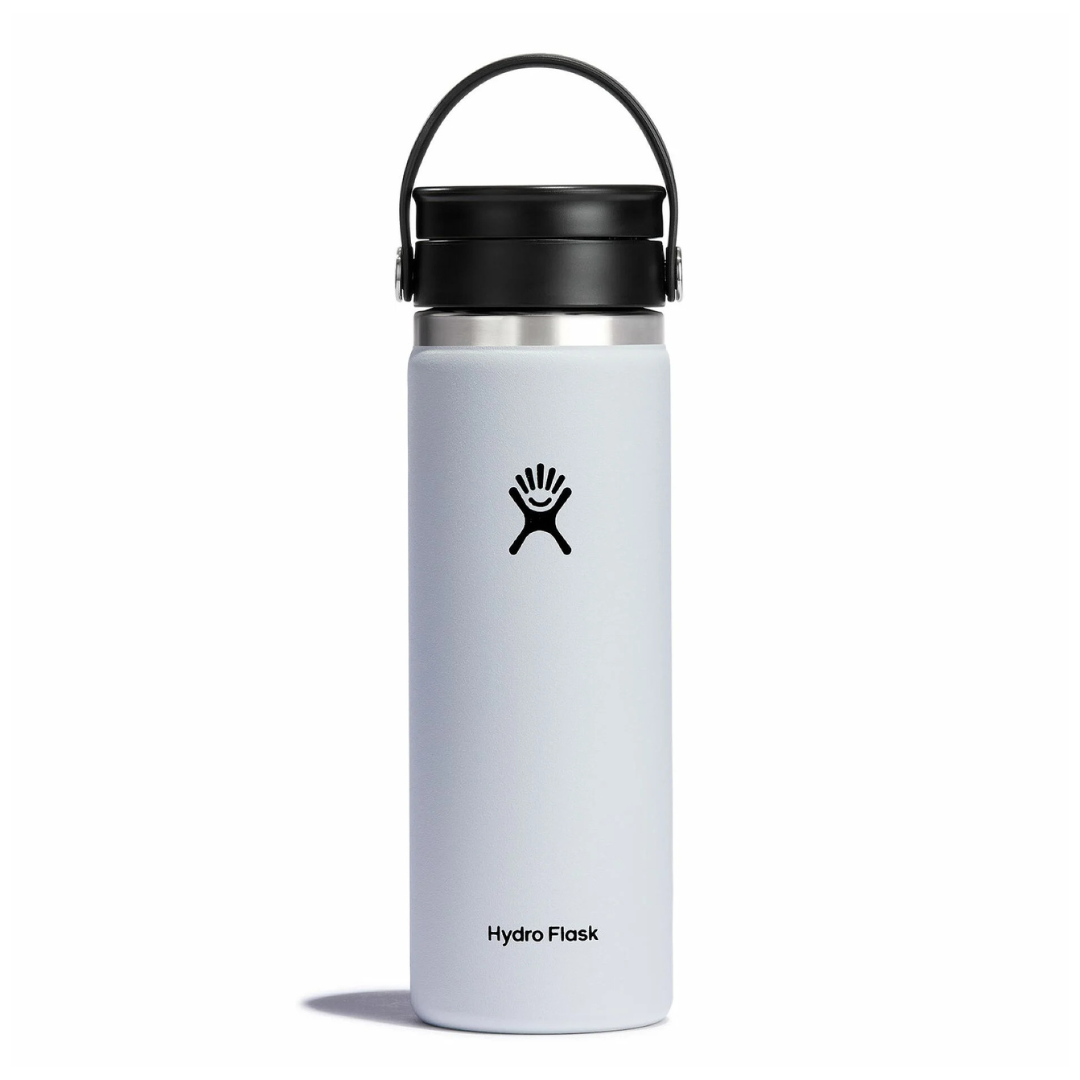 White Hydro Flask water bottle with a black lid and handle, featuring a black logo.