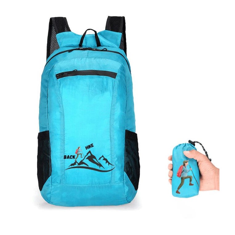 A blue collapsible backpack alongside its compact, stowed form.