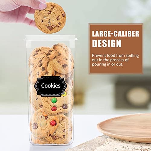 A clear airtight food storage container filled with cookies, highlighting a large opening designed for easy access to prevent spillage.