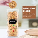 A clear airtight food storage container filled with cookies, highlighting a large opening designed for easy access to prevent spillage.