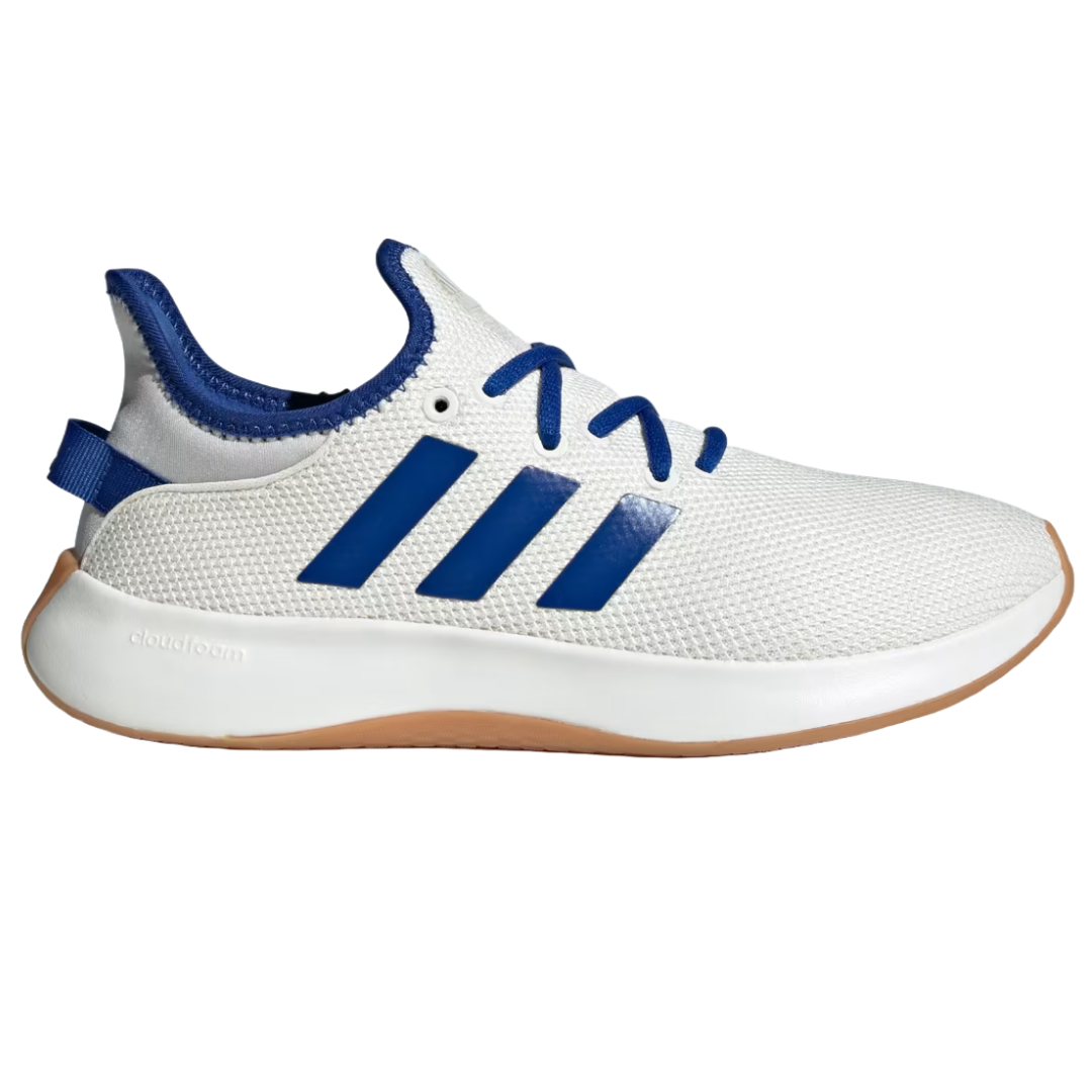 Adidas sneaker featuring a white mesh upper, blue stripes, and a tan outsole with \“cloudfoam\“ technology.