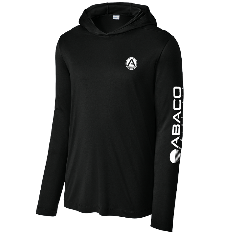 Black long-sleeve hoodie with a small circular logo on the chest and \“ABACO\“ branding down the sleeve.