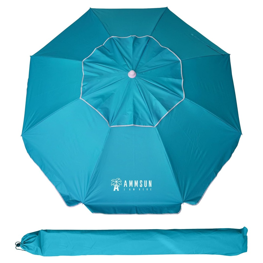 A turquoise beach umbrella with a matching carrying bag, featuring the AMMSUN logo.