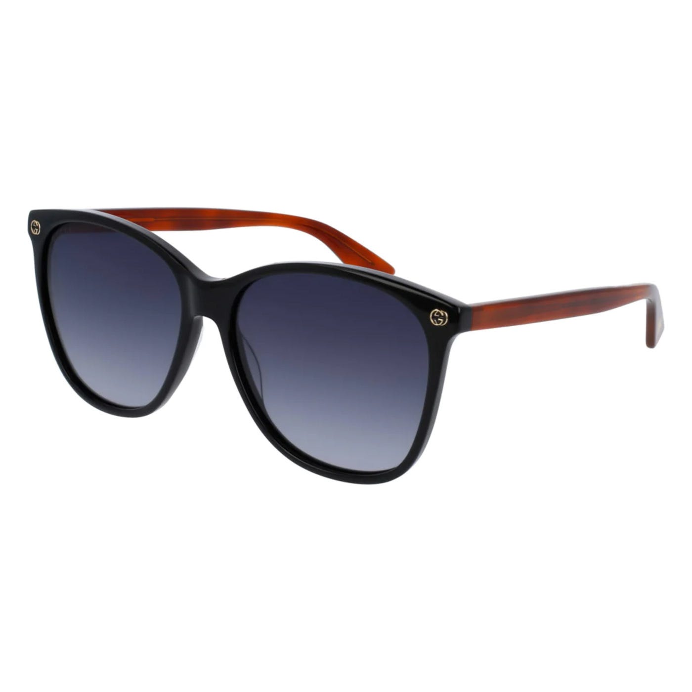 A pair of black sunglasses with dark lenses and a two-tone frame, combining black at the front and orange-brown on the sides.