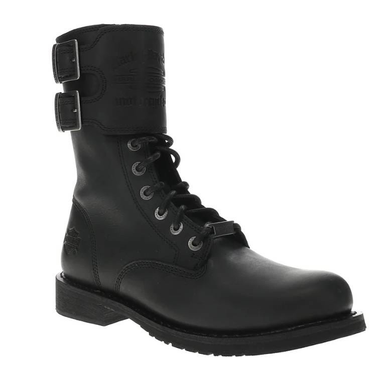 Black Harley-Davidson motorcycle boot featuring a rugged design with a durable leather upper, lace-up front with metal eyelets, double buckle straps at the top, and a sturdy rubber sole.