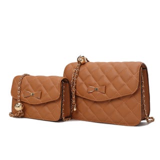 Two tan quilted shoulder bags with gold-tone chain straps and front clasps, one larger than the other.